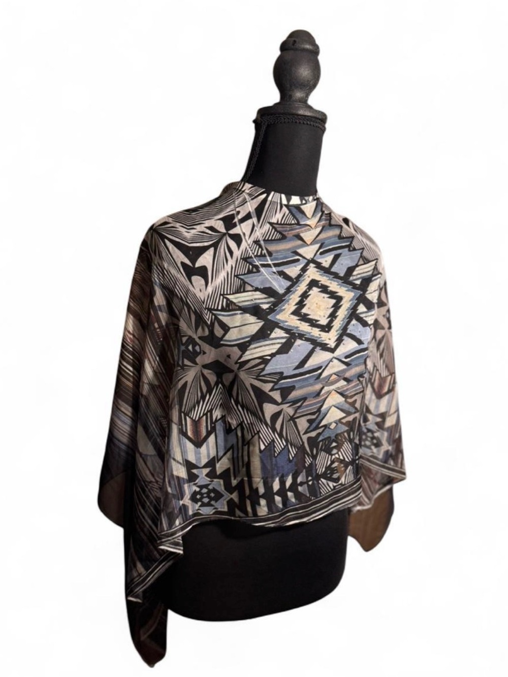 Aztec-Inspired Geometric Wrap Shawl in Neutral Blues and Browns